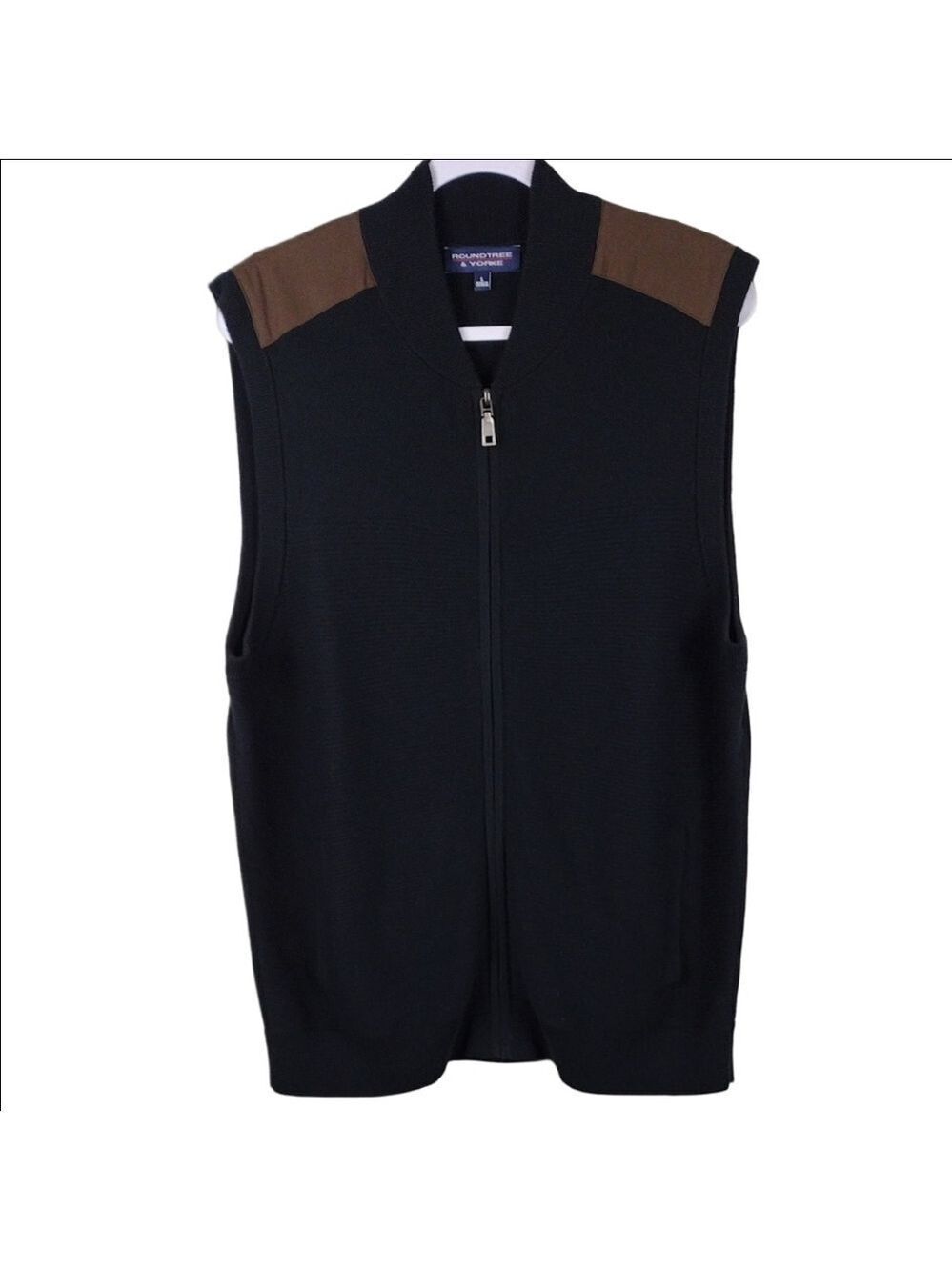 Roundtree & Yorke Black Ribbed Knit Brown Suede V-Neck Zip Up Sweater Vest
